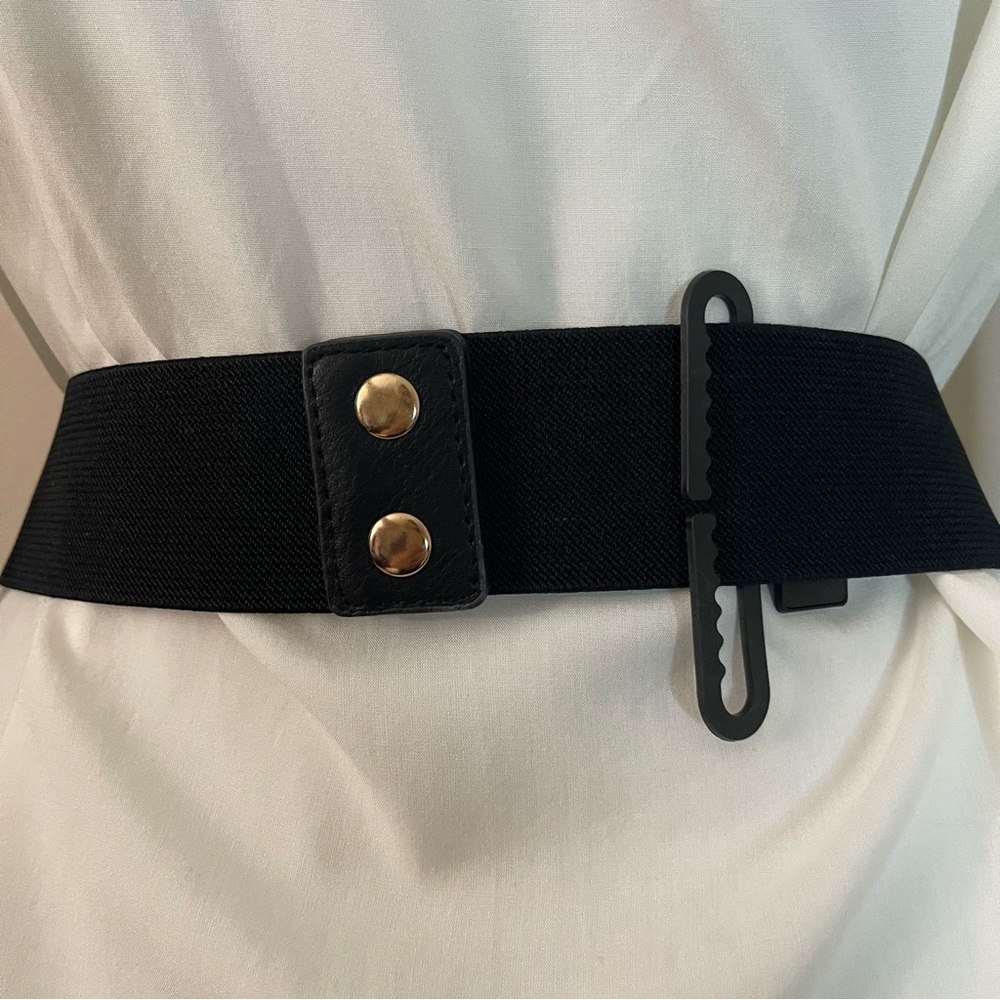 Plus size black PU leather gold tone buckle elastic waistband belt - Picture 3 of 9